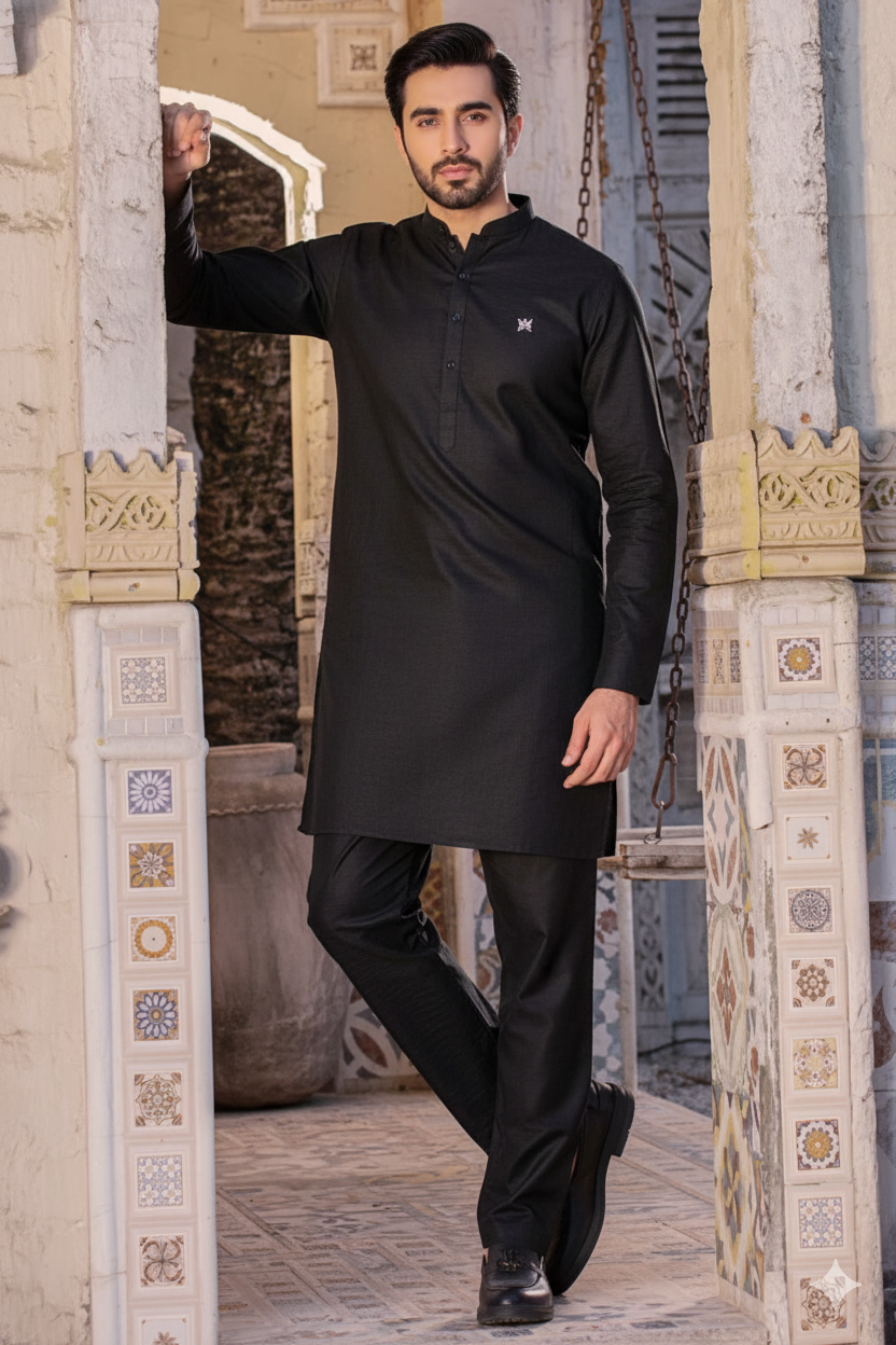 Black Imported Cotton Kurta